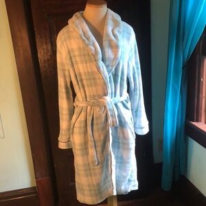 Laura Ashley pastel bath robe sz XL/blue,purple,white,grey plaid/plush